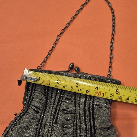 Art Deco Beaded Flapper Purse, Black W/ CLEAR  BEADS Lined Party Wedding Perfect - Picture 9 of 12